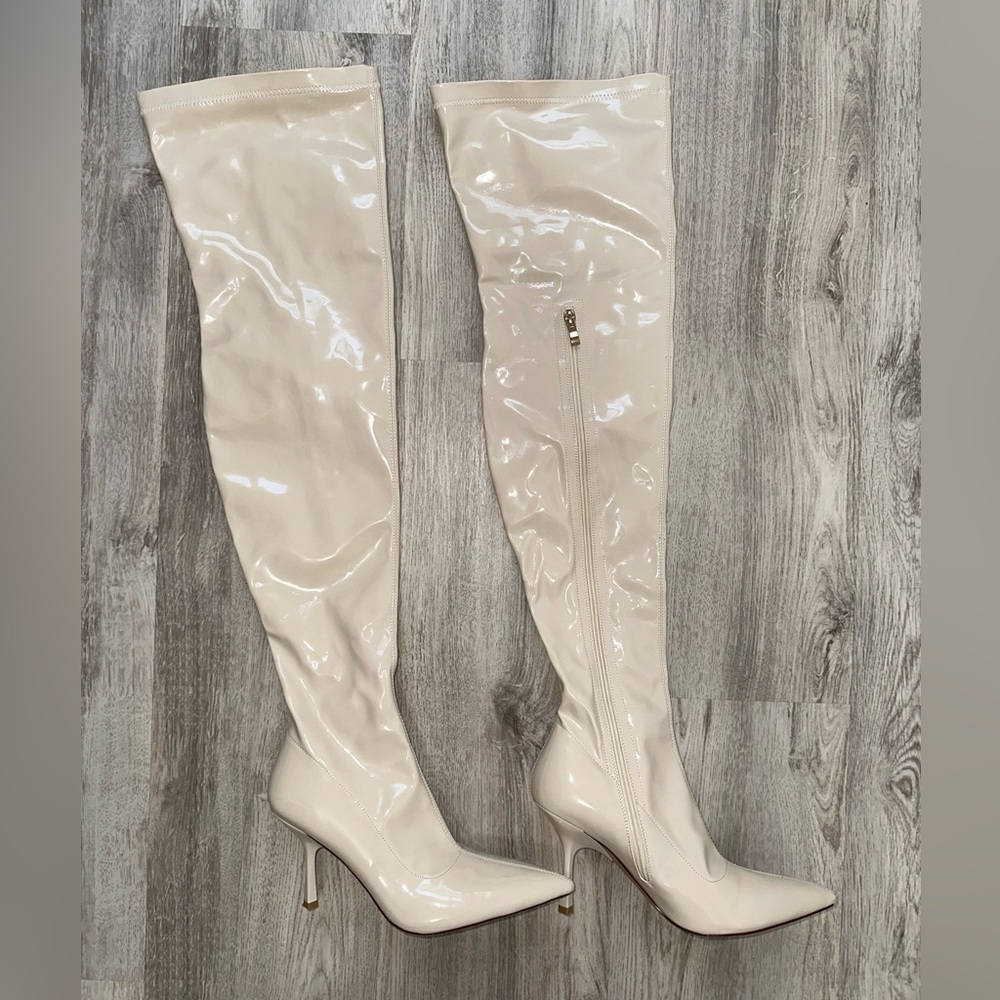 Stone colored thigh high leather boots